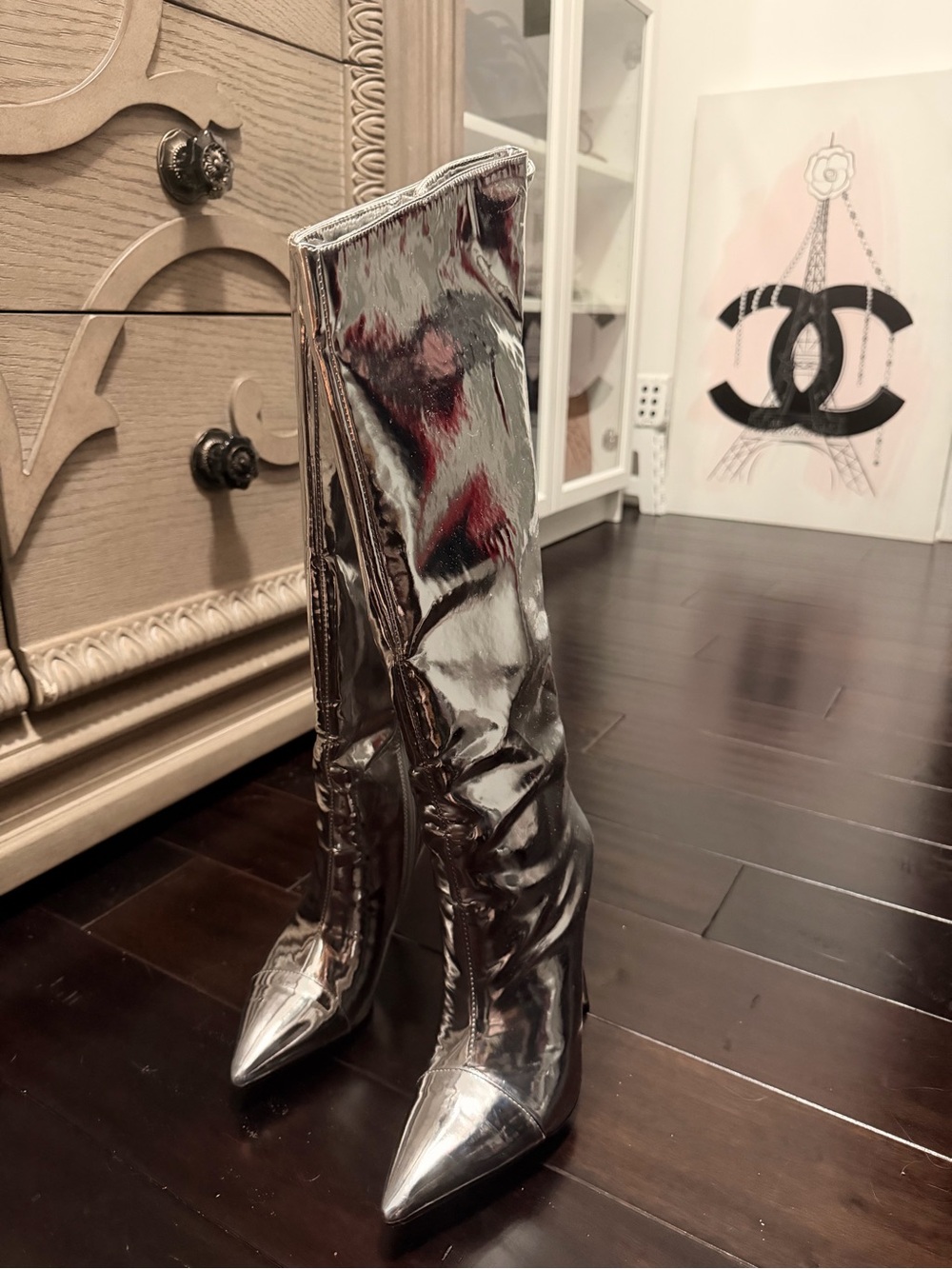 Metallic Silver Knee-High Pointed Toe Women’s Boots